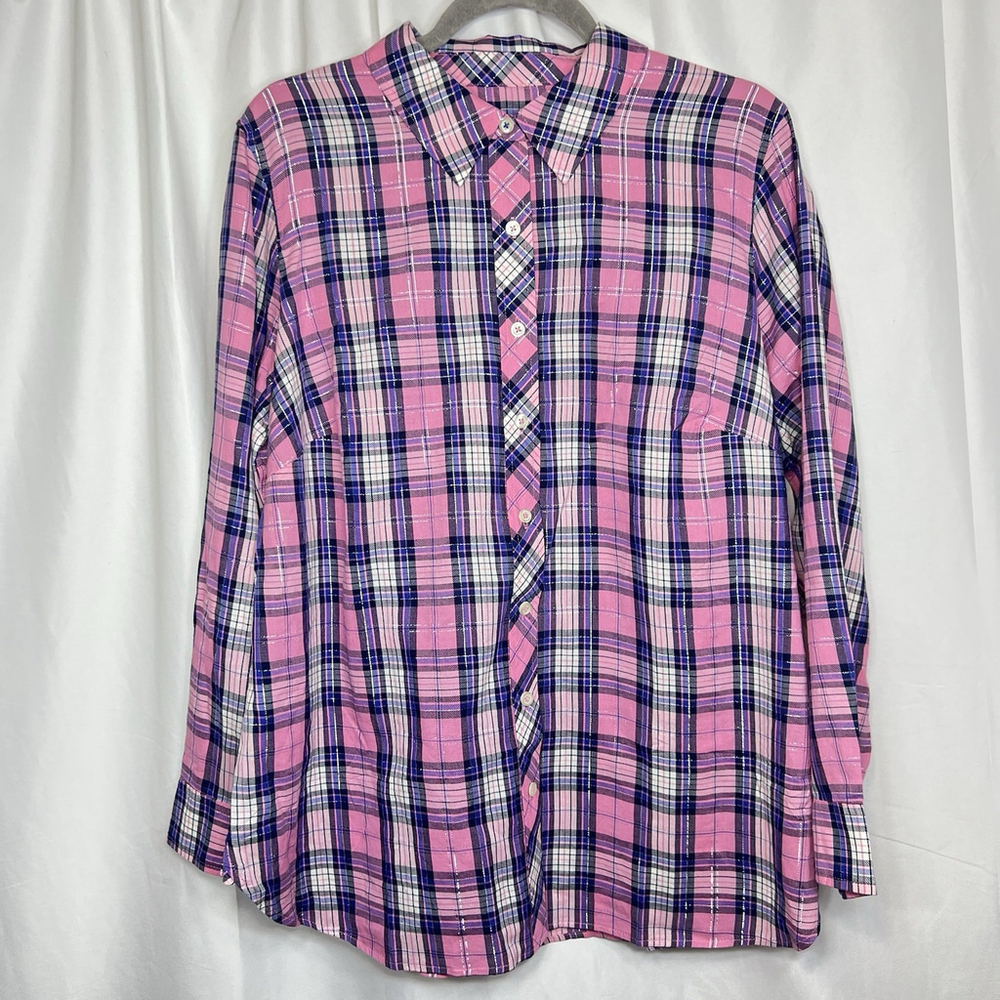 Talbots Women’s Shirt 1X Plus Pink Navy Plaid Button Front Long Sleeve Metallic